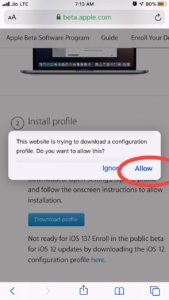 Allowing iOS 13 Public beta Profile