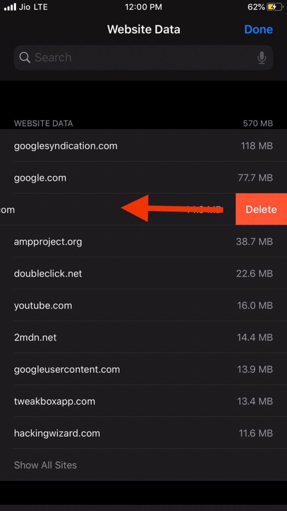 Delete Safari cache of particular websites