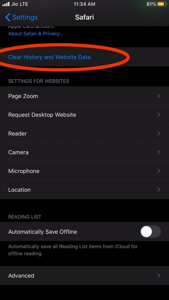 Clear Safari history and website data