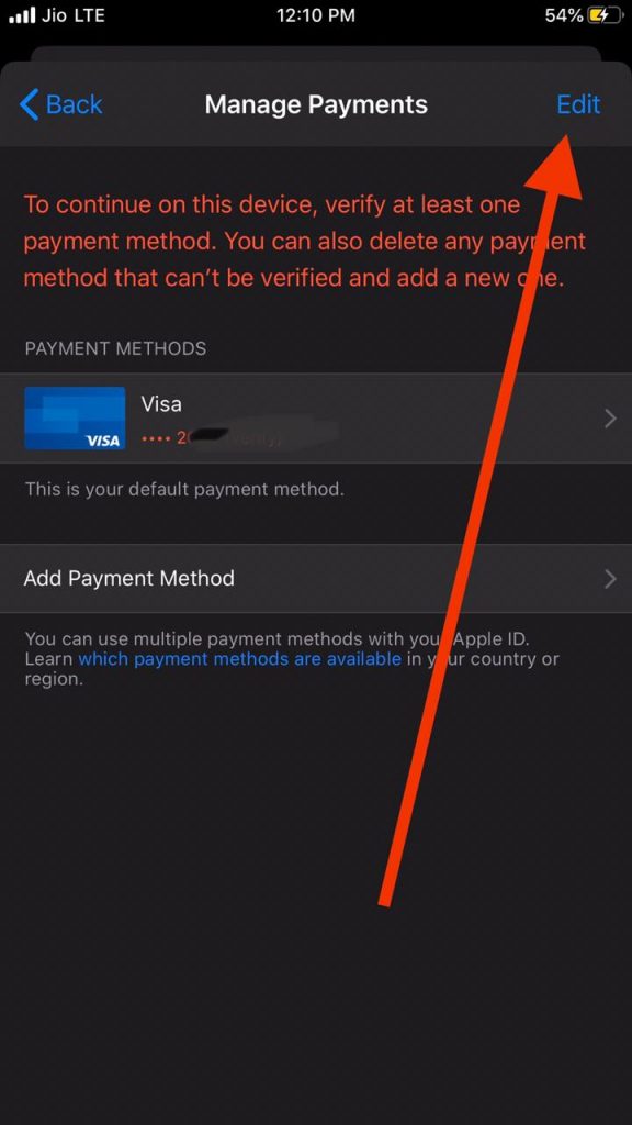 Edit Payment method to remove credit card