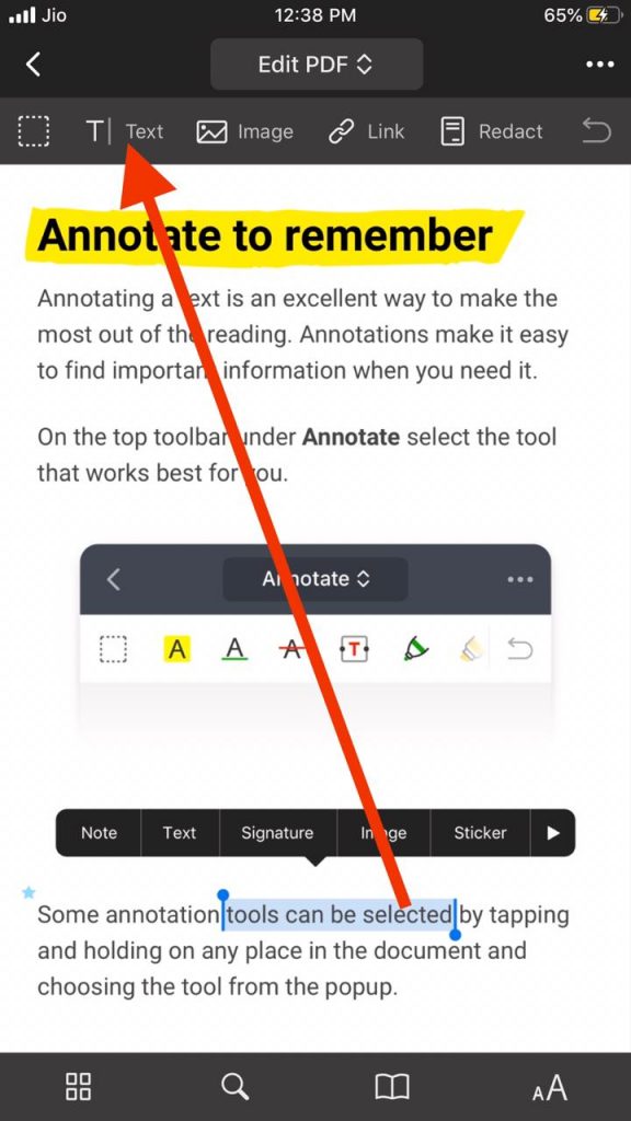 Select text option to edit PDF text iPhone