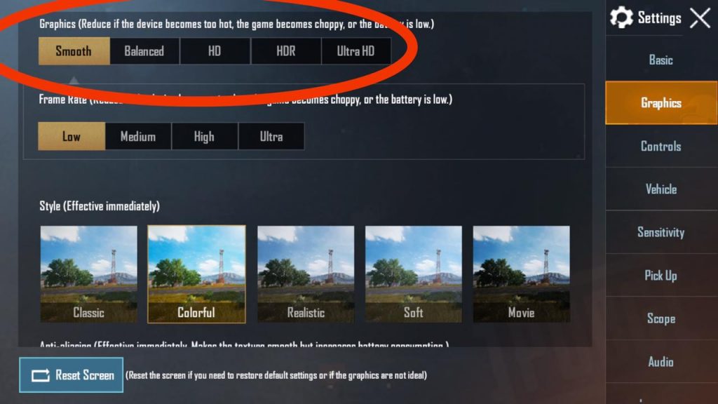 Low the graphics to save battery consumption by PUBG